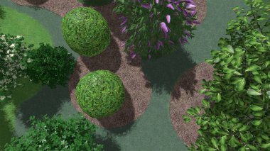 Memleketin peyzaj tasarımının 3 boyutlu görüntüsü. Bölgenin peyzajı. Birleşik peyzaj ve peyzaj çözümlerinin bilgisayar görselleştirmesi.