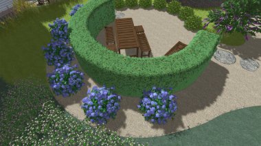 Memleketin peyzaj tasarımının 3 boyutlu görüntüsü. Bölgenin peyzajı. Birleşik peyzaj ve peyzaj çözümlerinin bilgisayar görselleştirmesi.