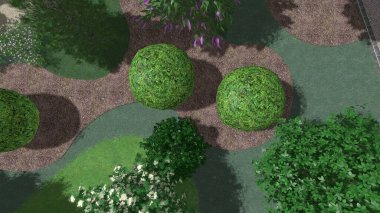 Memleketin peyzaj tasarımının 3 boyutlu görüntüsü. Bölgenin peyzajı. Birleşik peyzaj ve peyzaj çözümlerinin bilgisayar görselleştirmesi.