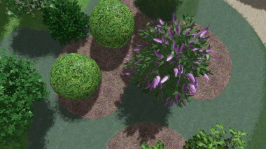Memleketin peyzaj tasarımının 3 boyutlu görüntüsü. Bölgenin peyzajı. Birleşik peyzaj ve peyzaj çözümlerinin bilgisayar görselleştirmesi.