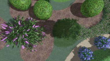 Memleketin peyzaj tasarımının 3 boyutlu görüntüsü. Bölgenin peyzajı. Birleşik peyzaj ve peyzaj çözümlerinin bilgisayar görselleştirmesi.