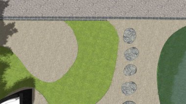 Memleketin peyzaj tasarımının 3 boyutlu görüntüsü. Bölgenin peyzajı. Birleşik peyzaj ve peyzaj çözümlerinin bilgisayar görselleştirmesi.