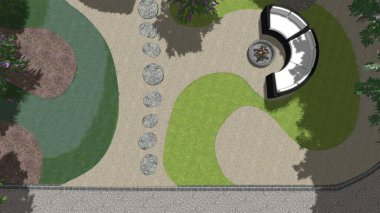 Memleketin peyzaj tasarımının 3 boyutlu görüntüsü. Bölgenin peyzajı. Birleşik peyzaj ve peyzaj çözümlerinin bilgisayar görselleştirmesi.