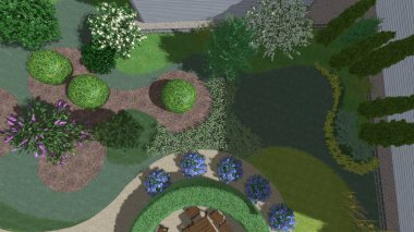 Memleketin peyzaj tasarımının 3 boyutlu görüntüsü. Bölgenin peyzajı. Birleşik peyzaj ve peyzaj çözümlerinin bilgisayar görselleştirmesi.