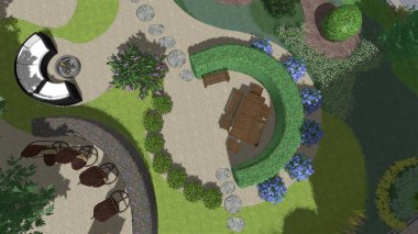 Memleketin peyzaj tasarımının 3 boyutlu görüntüsü. Bölgenin peyzajı. Birleşik peyzaj ve peyzaj çözümlerinin bilgisayar görselleştirmesi.