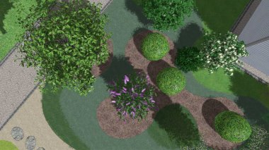 Memleketin peyzaj tasarımının 3 boyutlu görüntüsü. Bölgenin peyzajı. Birleşik peyzaj ve peyzaj çözümlerinin bilgisayar görselleştirmesi.