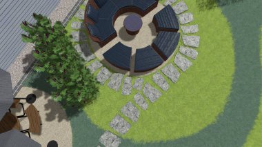 Memleketin peyzaj tasarımının 3 boyutlu görüntüsü. Bölgenin peyzajı. Birleşik peyzaj ve peyzaj çözümlerinin bilgisayar görselleştirmesi.