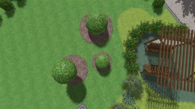 Memleketin peyzaj tasarımının 3 boyutlu görüntüsü. Bölgenin peyzajı. Birleşik peyzaj ve peyzaj çözümlerinin bilgisayar görselleştirmesi.