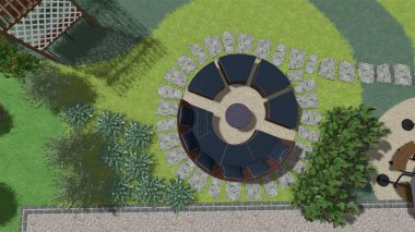 Memleketin peyzaj tasarımının 3 boyutlu görüntüsü. Bölgenin peyzajı. Birleşik peyzaj ve peyzaj çözümlerinin bilgisayar görselleştirmesi.