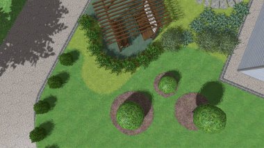 Memleketin peyzaj tasarımının 3 boyutlu görüntüsü. Bölgenin peyzajı. Birleşik peyzaj ve peyzaj çözümlerinin bilgisayar görselleştirmesi.