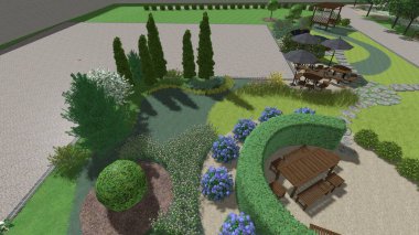 Memleketin peyzaj tasarımının 3 boyutlu görüntüsü. Bölgenin peyzajı. Birleşik peyzaj ve peyzaj çözümlerinin bilgisayar görselleştirmesi.