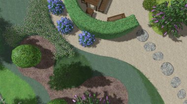 Memleketin peyzaj tasarımının 3 boyutlu görüntüsü. Bölgenin peyzajı. Birleşik peyzaj ve peyzaj çözümlerinin bilgisayar görselleştirmesi.