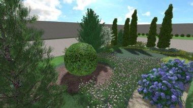 Memleketin peyzaj tasarımının 3 boyutlu görüntüsü. Bölgenin peyzajı. Birleşik peyzaj ve peyzaj çözümlerinin bilgisayar görselleştirmesi.