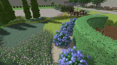 Memleketin peyzaj tasarımının 3 boyutlu görüntüsü. Bölgenin peyzajı. Birleşik peyzaj ve peyzaj çözümlerinin bilgisayar görselleştirmesi.