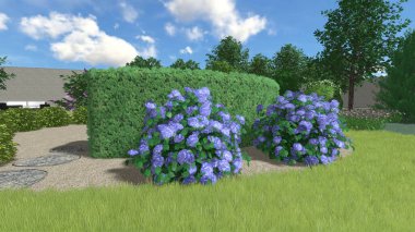 Memleketin peyzaj tasarımının 3 boyutlu görüntüsü. Bölgenin peyzajı. Birleşik peyzaj ve peyzaj çözümlerinin bilgisayar görselleştirmesi.