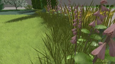 Memleketin peyzaj tasarımının 3 boyutlu görüntüsü. Bölgenin peyzajı. Birleşik peyzaj ve peyzaj çözümlerinin bilgisayar görselleştirmesi.