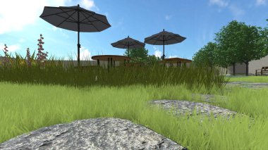 Memleketin peyzaj tasarımının 3 boyutlu görüntüsü. Bölgenin peyzajı. Birleşik peyzaj ve peyzaj çözümlerinin bilgisayar görselleştirmesi.