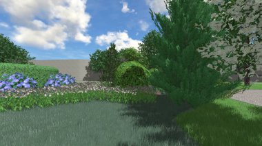 Memleketin peyzaj tasarımının 3 boyutlu görüntüsü. Bölgenin peyzajı. Birleşik peyzaj ve peyzaj çözümlerinin bilgisayar görselleştirmesi.