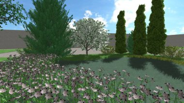 Memleketin peyzaj tasarımının 3 boyutlu görüntüsü. Bölgenin peyzajı. Birleşik peyzaj ve peyzaj çözümlerinin bilgisayar görselleştirmesi.