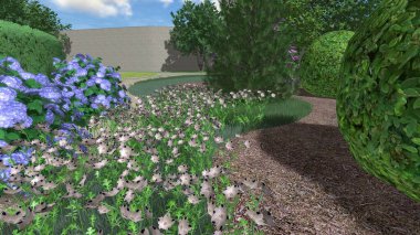 Memleketin peyzaj tasarımının 3 boyutlu görüntüsü. Bölgenin peyzajı. Birleşik peyzaj ve peyzaj çözümlerinin bilgisayar görselleştirmesi.