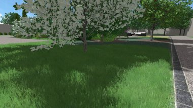 Memleketin peyzaj tasarımının 3 boyutlu görüntüsü. Bölgenin peyzajı. Birleşik peyzaj ve peyzaj çözümlerinin bilgisayar görselleştirmesi.