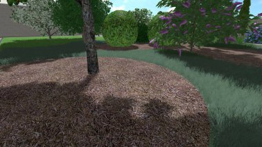 Memleketin peyzaj tasarımının 3 boyutlu görüntüsü. Bölgenin peyzajı. Birleşik peyzaj ve peyzaj çözümlerinin bilgisayar görselleştirmesi.