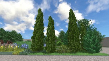 Memleketin peyzaj tasarımının 3 boyutlu görüntüsü. Bölgenin peyzajı. Birleşik peyzaj ve peyzaj çözümlerinin bilgisayar görselleştirmesi.