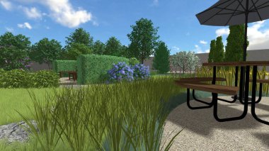 Memleketin peyzaj tasarımının 3 boyutlu görüntüsü. Bölgenin peyzajı. Birleşik peyzaj ve peyzaj çözümlerinin bilgisayar görselleştirmesi.