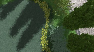 Memleketin peyzaj tasarımının 3 boyutlu görüntüsü. Bölgenin peyzajı. Birleşik peyzaj ve peyzaj çözümlerinin bilgisayar görselleştirmesi.