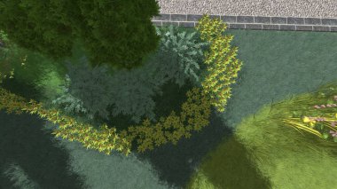 Memleketin peyzaj tasarımının 3 boyutlu görüntüsü. Bölgenin peyzajı. Birleşik peyzaj ve peyzaj çözümlerinin bilgisayar görselleştirmesi.