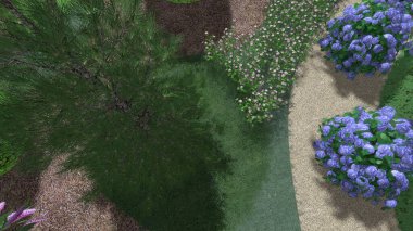 Memleketin peyzaj tasarımının 3 boyutlu görüntüsü. Bölgenin peyzajı. Birleşik peyzaj ve peyzaj çözümlerinin bilgisayar görselleştirmesi.