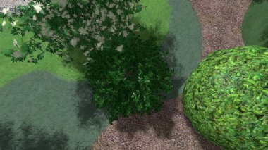 Memleketin peyzaj tasarımının 3 boyutlu görüntüsü. Bölgenin peyzajı. Birleşik peyzaj ve peyzaj çözümlerinin bilgisayar görselleştirmesi.