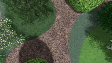 Memleketin peyzaj tasarımının 3 boyutlu görüntüsü. Bölgenin peyzajı. Birleşik peyzaj ve peyzaj çözümlerinin bilgisayar görselleştirmesi.