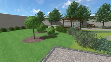 Memleketin peyzaj tasarımının 3 boyutlu görüntüsü. Bölgenin peyzajı. Birleşik peyzaj ve peyzaj çözümlerinin bilgisayar görselleştirmesi.