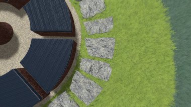 Memleketin peyzaj tasarımının 3 boyutlu görüntüsü. Bölgenin peyzajı. Birleşik peyzaj ve peyzaj çözümlerinin bilgisayar görselleştirmesi.