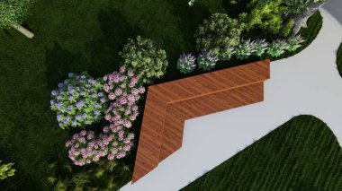 Memleketin peyzaj tasarımının 3 boyutlu görüntüsü. Bölgenin peyzajı. Birleşik peyzaj ve peyzaj çözümlerinin bilgisayar görselleştirmesi.