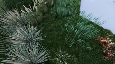 Memleketin peyzaj tasarımının 3 boyutlu görüntüsü. Bölgenin peyzajı. Birleşik peyzaj ve peyzaj çözümlerinin bilgisayar görselleştirmesi.