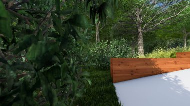 Memleketin peyzaj tasarımının 3 boyutlu görüntüsü. Bölgenin peyzajı. Birleşik peyzaj ve peyzaj çözümlerinin bilgisayar görselleştirmesi.