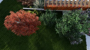 Memleketin peyzaj tasarımının 3 boyutlu görüntüsü. Bölgenin peyzajı. Birleşik peyzaj ve peyzaj çözümlerinin bilgisayar görselleştirmesi.