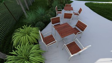 Memleketin peyzaj tasarımının 3 boyutlu görüntüsü. Bölgenin peyzajı. Birleşik peyzaj ve peyzaj çözümlerinin bilgisayar görselleştirmesi.