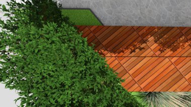 Memleketin peyzaj tasarımının 3 boyutlu görüntüsü. Bölgenin peyzajı. Birleşik peyzaj ve peyzaj çözümlerinin bilgisayar görselleştirmesi.