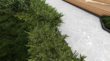 Memleketin peyzaj tasarımının 3 boyutlu görüntüsü. Bölgenin peyzajı. Birleşik peyzaj ve peyzaj çözümlerinin bilgisayar görselleştirmesi.