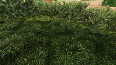 Memleketin peyzaj tasarımının 3 boyutlu görüntüsü. Bölgenin peyzajı. Birleşik peyzaj ve peyzaj çözümlerinin bilgisayar görselleştirmesi.