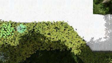 Memleketin peyzaj tasarımının 3 boyutlu görüntüsü. Bölgenin peyzajı. Birleşik peyzaj ve peyzaj çözümlerinin bilgisayar görselleştirmesi.