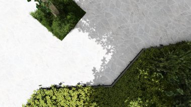 Memleketin peyzaj tasarımının 3 boyutlu görüntüsü. Bölgenin peyzajı. Birleşik peyzaj ve peyzaj çözümlerinin bilgisayar görselleştirmesi.