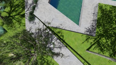 Memleketin peyzaj tasarımının 3 boyutlu görüntüsü. Bölgenin peyzajı. Birleşik peyzaj ve peyzaj çözümlerinin bilgisayar görselleştirmesi.