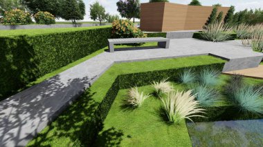 Memleketin peyzaj tasarımının 3 boyutlu görüntüsü. Bölgenin peyzajı. Birleşik peyzaj ve peyzaj çözümlerinin bilgisayar görselleştirmesi.