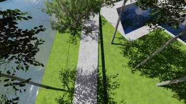 Memleketin peyzaj tasarımının 3 boyutlu görüntüsü. Bölgenin peyzajı. Birleşik peyzaj ve peyzaj çözümlerinin bilgisayar görselleştirmesi.