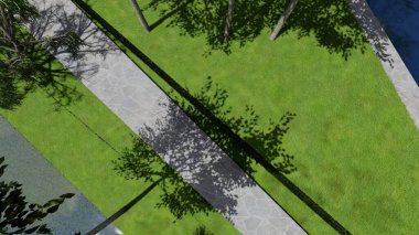 Memleketin peyzaj tasarımının 3 boyutlu görüntüsü. Bölgenin peyzajı. Birleşik peyzaj ve peyzaj çözümlerinin bilgisayar görselleştirmesi.