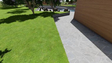 Memleketin peyzaj tasarımının 3 boyutlu görüntüsü. Bölgenin peyzajı. Birleşik peyzaj ve peyzaj çözümlerinin bilgisayar görselleştirmesi.